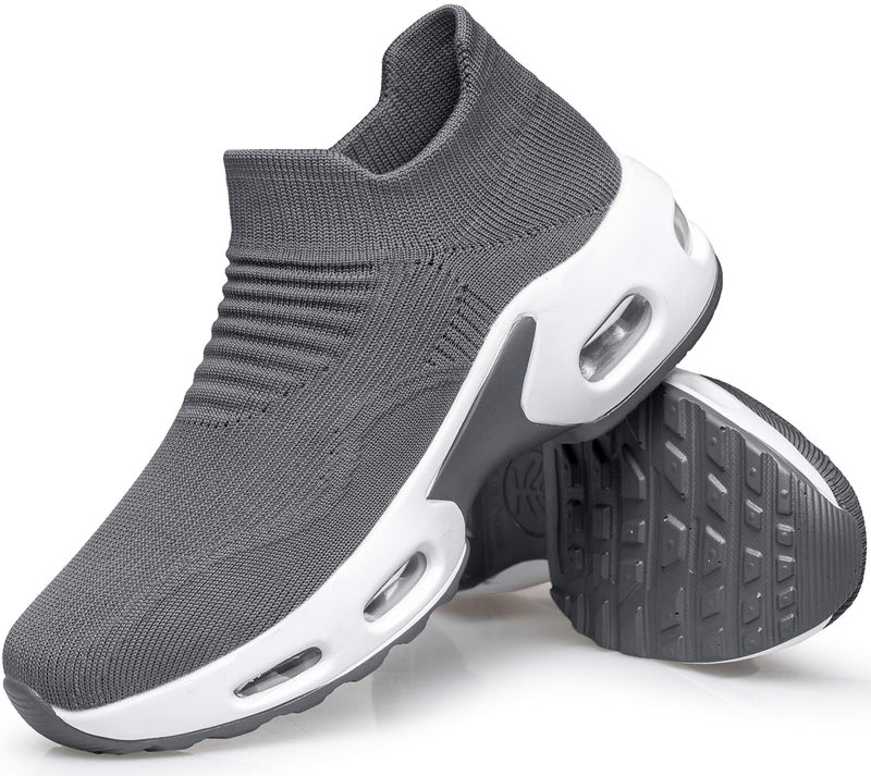 DOUSSPRT Walking Shoes for Women Slip on Sock Sneakers Lady Girls Nurse Mesh Air Cushion Platform Loafers Fashion Casual Grey US Size 8 - Image 3